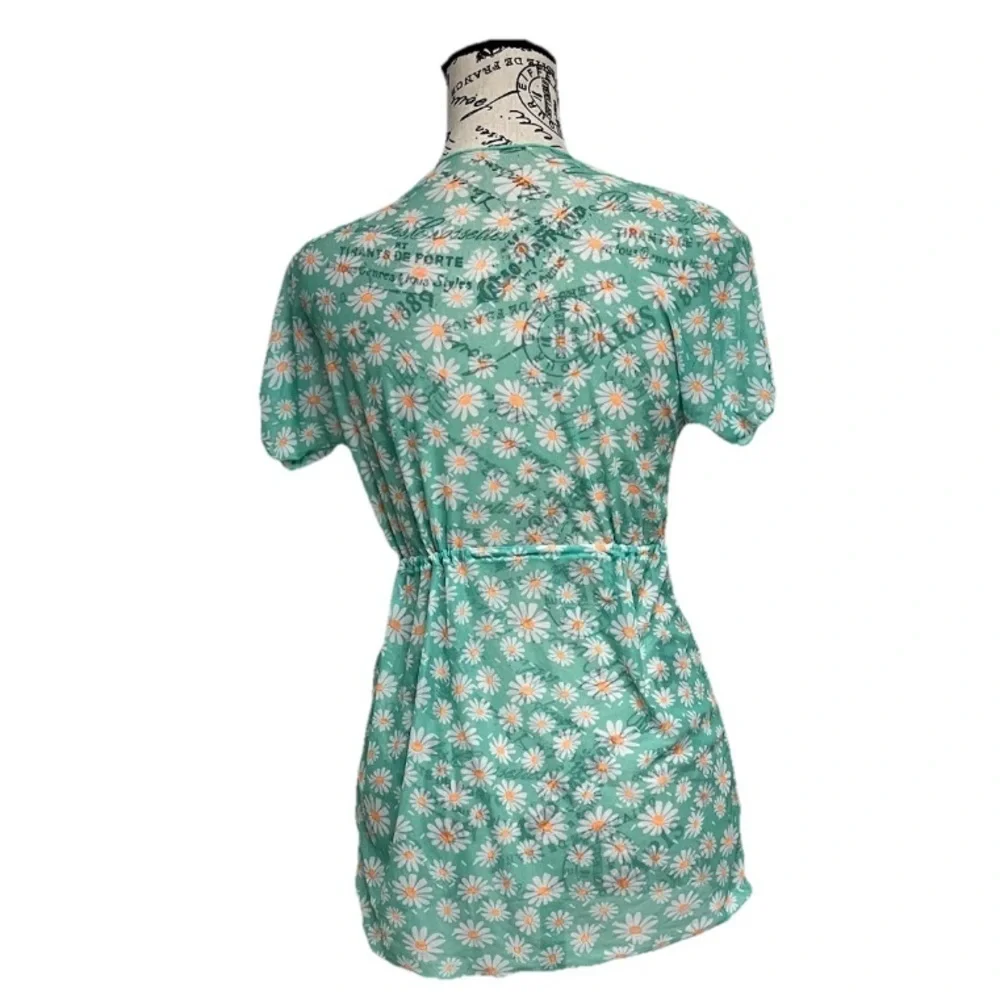 Retro Daisy Mesh Sheer Tie-Front Cardigan XS Green Floral Short Sleeve 70s 80s - Picture 4 of 7